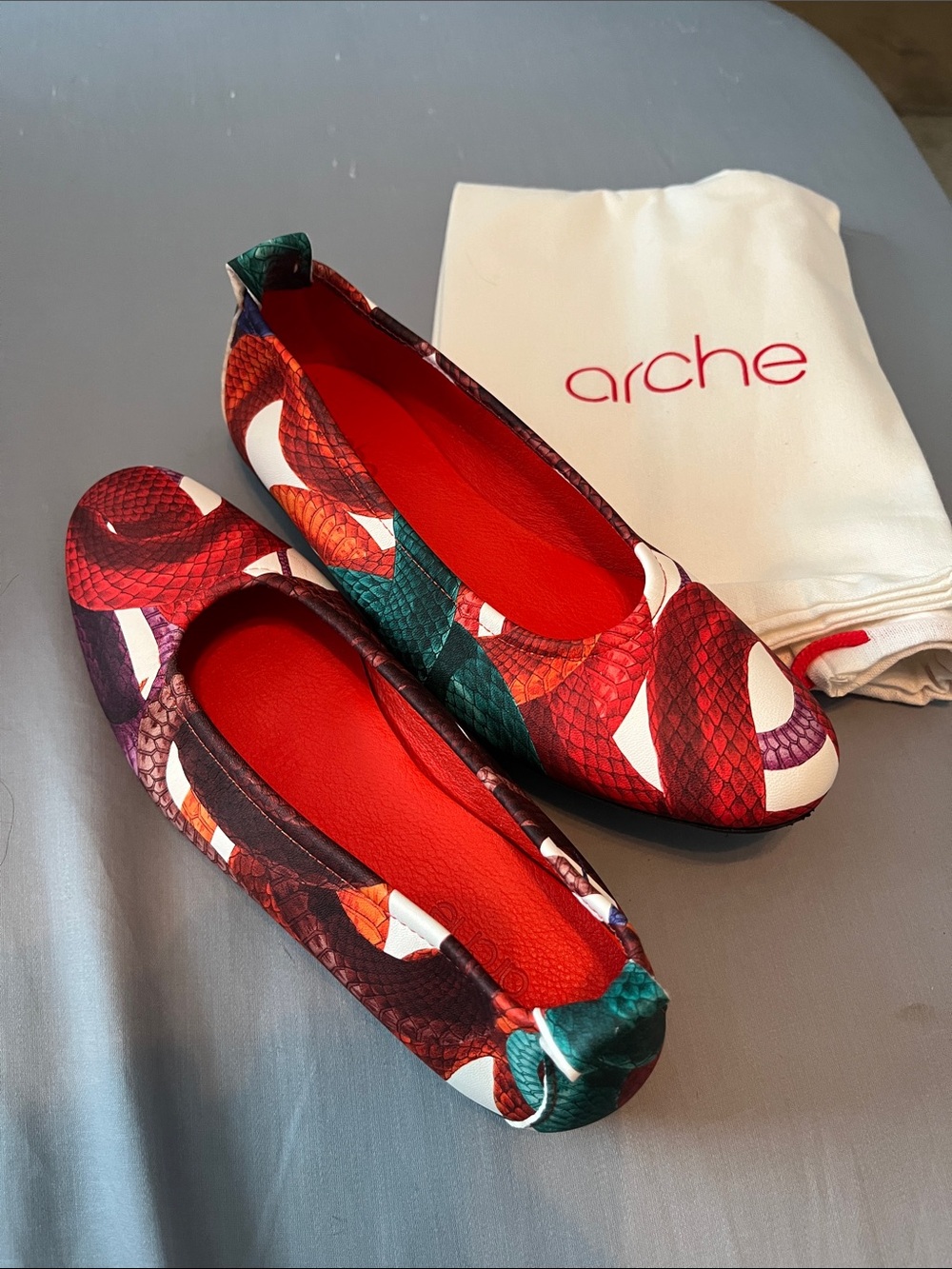 Arche Women's Multi-Color Snake-Print Ballet Flats with Red Interior